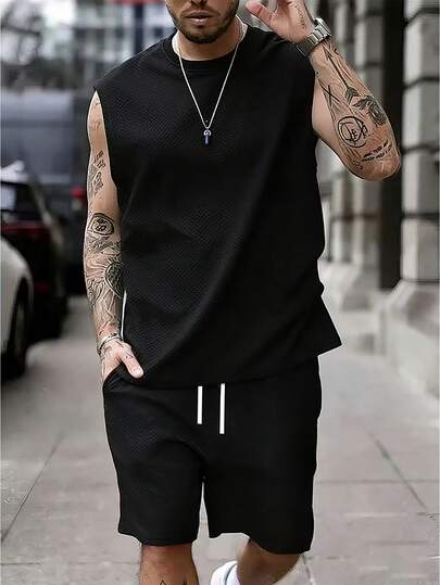 Men's Casual Fashion Vest And Shorts Set, Outdoor Sports Suit