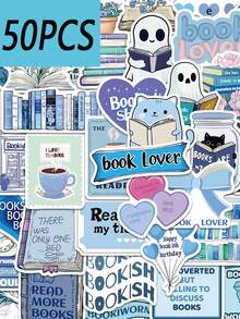 50pcs Blue Bookish Series Cartoon Graffiti Stickers, Decorate Computers, Skateboards, Helmets, Waterproof Stickers - Multicolor - View 2