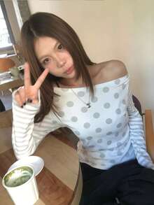 Polka Dot & Striped Print Long Sleeve Fitted T-Shirt For Women - White - View 11