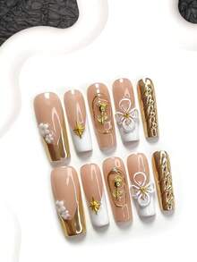 10pcs Elegant & Delicate Gold Nail Stickers, Handmade Nail Art Set, White Translucent Flower Nail Decals, 5-Petal Flower, Star, Rose Nail Accessories, Gold & White Gel Nail Decorations, 3 Sizes: Almond, Duck Mouth, Coffin Shape, Includes Tool Kit, Suitable For Women & Girls, For Party, Event, Daily Nail Care Nails Nail Supplies Handmade Press On Nails - 彩色 - 查看 11