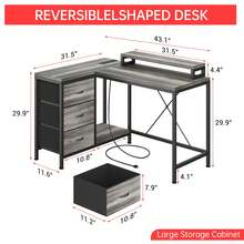 Mesa Esquinera en Forma de L con Tomas de Corriente y Luces LED | Estación de Trabajo Ergonómica para Oficina en Casa - Gris - Ver 2