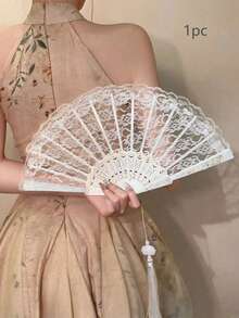 1pc Vintage French Lace Tassel Folding Hand Fan, Fashionable & Portable, Suitable For Summer Dance - Multicolor - View 13