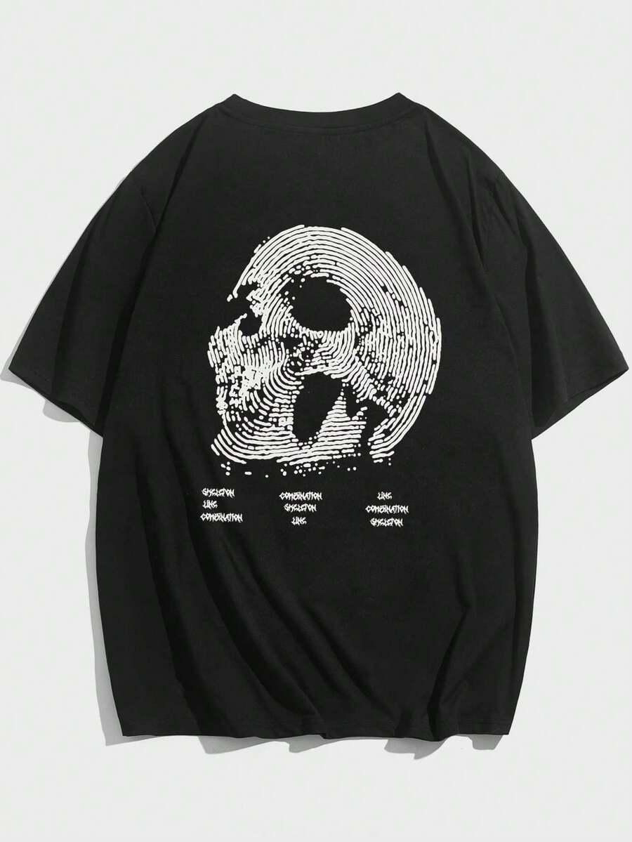 ROMWE MEN Men's T-Shirt With Goth Skull Pattern - 黑色 - 查看 1