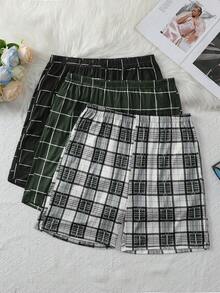 3pcs Men's Plaid & Striped Print Casual Lounge Shorts Set - Multicolor - View 6