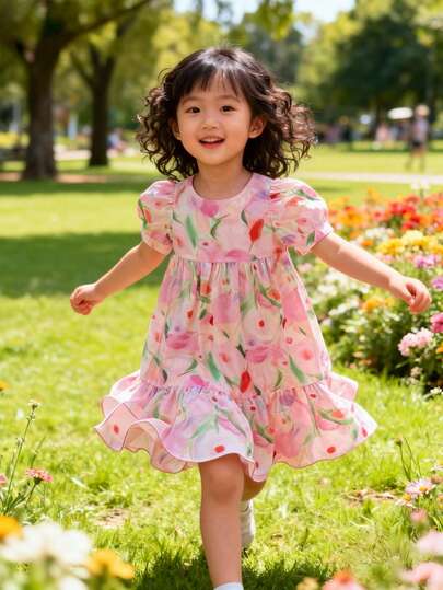 女童夏季连衣裙，可爱短袖连衣裙，新款女童夏季服装，宽松印花连衣裙