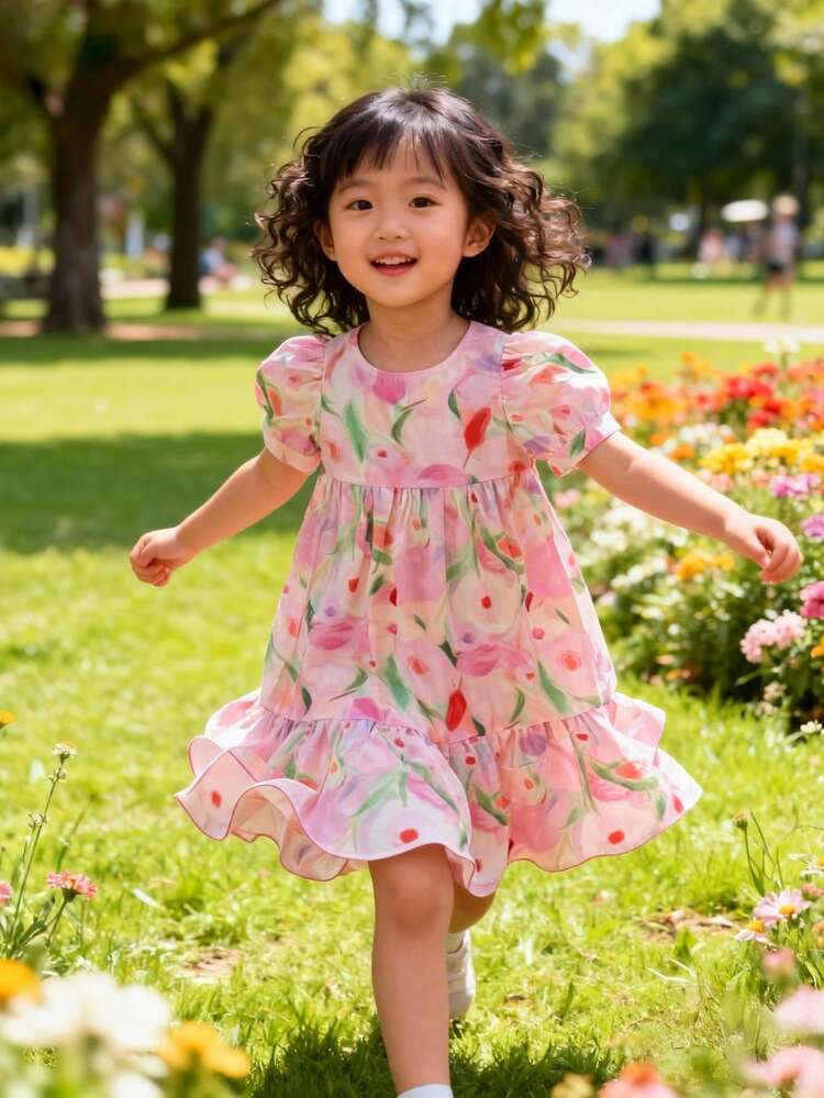 女童夏季连衣裙，可爱短袖连衣裙，新款女童夏季服装，宽松印花连衣裙 - 粉色 - 查看 9