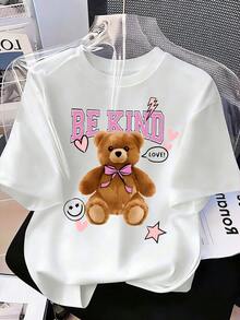 少女卡通熊字母印花宽松短袖圆领T恤 - 白色 - 查看 3