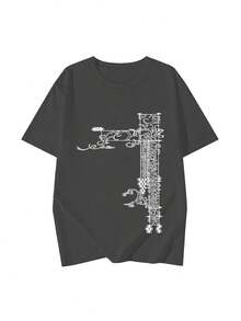 女士圆领短袖T恤，夏季新款时尚印花图案，休闲百搭宽松上衣 - 深灰 - 查看 3