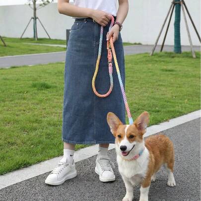 PETSIN 多功能繩式狗牽引繩7英尺，可調節雙旋轉勾，小型中型和大型犬隻，可用於奔跑，遠足，露營和散步，顏色為彩色馬卡龍