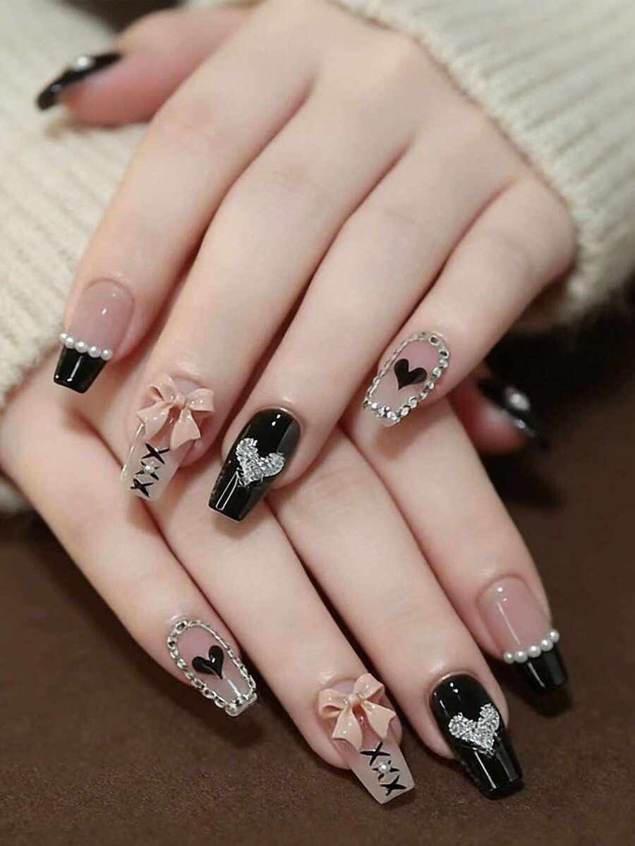 24pcs Medium Size Coffin Shaped Press-On Nails, Instantly Elevate Your Look! Elegant Y2K Style, Black & Pink Contrast Heart Pattern, Cute 3D Bow, Fashionable Retro Classic, Black French Glitter, Silver Sequin Heart Pearl Rhinestone Stripes, Full Cover Fake Nail Stickers, Suitable For Women And Girls. Includes 1 Adhesive Sticker Sheet And 1 Mini Gel Sticker. Random Assortment. - Multicolor - View 1