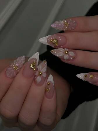 Juego de 24 uñas postizas en forma de almendra con brillo elegante, con diseños de degradado, ondas 3D, conchas, estrellas de mar, flores y perlas. Incluye esmalte de gel y lima de uñas, ideal para niñas/mujeres para uso diario, fiestas y eventos