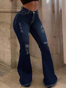 Women's Mid-Rise Flared Jeans, Sexy Ripped Elastic Raw Hem Denim Flared Pants, Casual Wear Fashion Trousers - Dark Wash - View 1