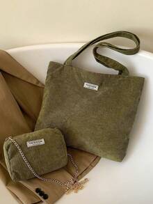 2 peças/Conjunto Bolsa de Tote de Veludo Casual Versátil de Grande Capacidade - Verde Militar - Visão 3