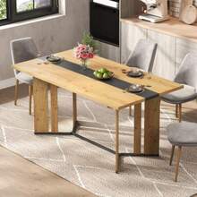 150cm, Scandinavian Style, Wooden Dining Table, Oak Grain, 2.8cm Thick Tabletop, Non-Slip Pads, Waterproof And Scratch-Resistant, Suitable For Living Rooms, Kitchens Or Dining Areas - Khaki - View 5