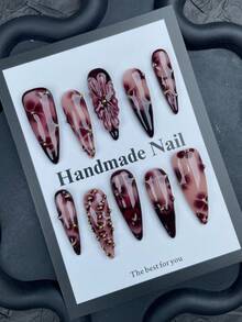 10片渐变玫瑰红尖头亚克力美甲套装，带3D波浪线装饰亮面法式美甲贴纸，美甲设计，适合女性和女孩情人节美甲用品，按压式美甲贴片 - 玫紅色 - 查看 6