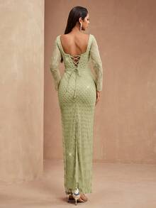 New Luxury Elegant Women's Formal Gown With Sequins, Lace Patchwork, Adjustable Back Tie, Front Slit, Suitable For Formal Events, Parties, Weddings, Red Carpet, Valentine's Day - 淡黃色 - 查看 3