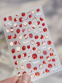 1个红色可爱苹果果冻多汁水果核切片网袋逼真5D美甲贴纸自粘按压式美甲贴，适合女性水果主题美甲装饰，日常派对娱乐