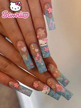  24PCS Long Coffin Fake Nail HelloKitty Blue French Pink Flower Sanrio Conch Sea Star Pointed Nail Art Cute Chrome Alloy Acrylic Press On Nails Gel Nail Art Nail Supplies Art Nail Set (Attached: A Piece Of Jelly Gel And File) Suitable For Women Daily Dating Party