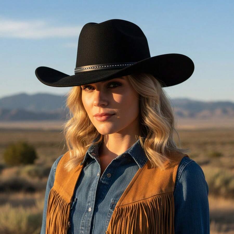 Felt Cowgirl Hat Stylish Decorative Belt Western Hat Wide Brim Jazz Cap For Daily Life And Party - màu đen - Xem 1