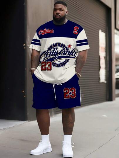 Chándal de hombre de estilo casual urbano de la serie minimalista "23 California 1987" - Tela de punto de poliéster, diseño de cuello redondo, pantalones cortos con cordón, detalles de bolsillo, ajuste regular, adecuado para tallas grandes