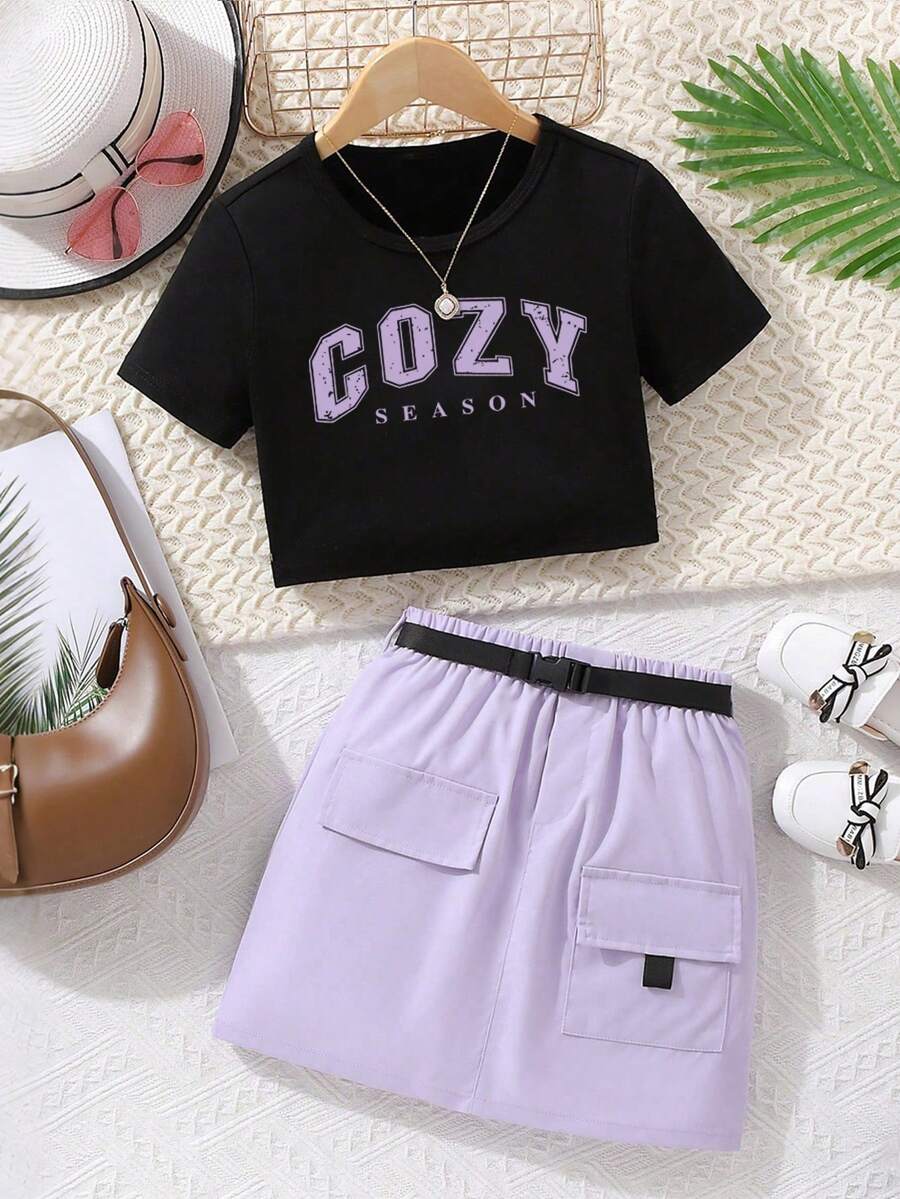 Tween Girl Letter Print T-Shirt And Flap Pocket Skirt Casual 2-Piece Set - Purple - View 1