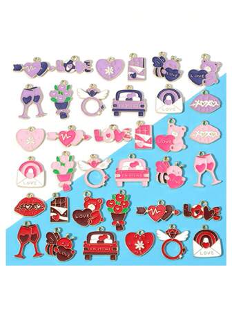 12/36pcs/Set Oil-Dripping Three-Color, Twelve-Style Valentine's Day Set Charm Alloy For Key Ring Bracelet Necklace Pendant DIY Handmade Jewelry Accessories Making W577