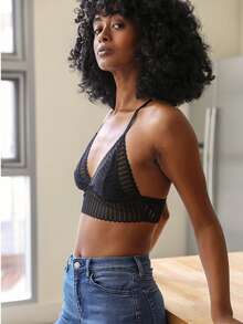 Ribbed Racerback Bralette – Lace Detail Comfort - Black - View 4
