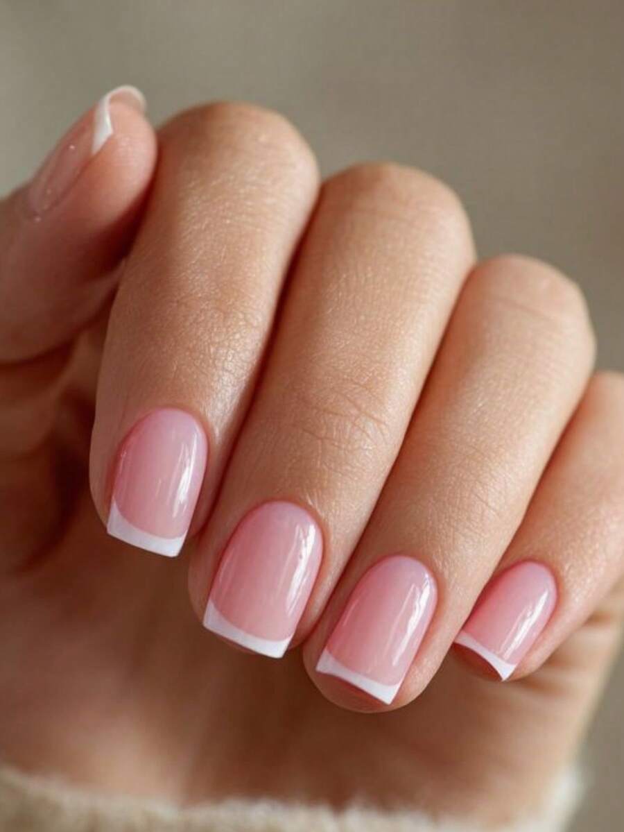 24片法式粉色短方形按压式美甲贴片，时尚亮面纯色假指甲，适合女性、派对、日常佩戴，易于粘贴且可重复使用，附赠指甲胶水和指甲锉。