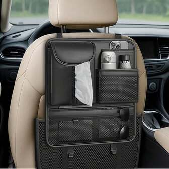 Premium Car Seat Back Storage Bag (38 * 34 Cm / 14.96 * 13.38 Inches) | Foldable & Adjustable, PU Leather Material, Multi-Compartment Design | Suitable For SUV, Sedan And Hatchback | Great For Trunk And In-Car Storage