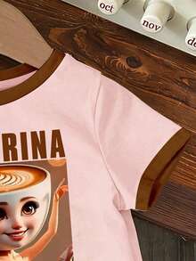 女童字母卡通印花圆领短袖休闲百搭T恤 - 粉色 - 查看 4