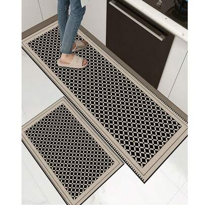 【热销！！！】1 件装软橡胶厨房地垫，3.5 毫米厚厨房地毯，现代几何拼接风格吸水厨房地垫，大尺寸地毯，可自行裁剪以适应厨房尺寸，表面织物材质，中间海绵层，底部橡胶层，适用于厨房地毯、厨房装饰、婚礼装饰、家居装饰、浴室地垫、玄关地垫、洗衣房地垫、走廊地毯、客厅地垫等。