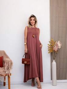 Long Dress In Viscose/Lycra Blend With Side Pockets. - Chocolate Brown - View 7