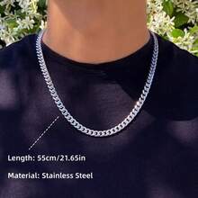 Men's Cuban Necklace, Minimalist Stainless Steel Chain Necklace, Men's Basic Jewelry, Waterproof Hip-Hop Necklace, Jewelry Gift For Him - Silver - View 4