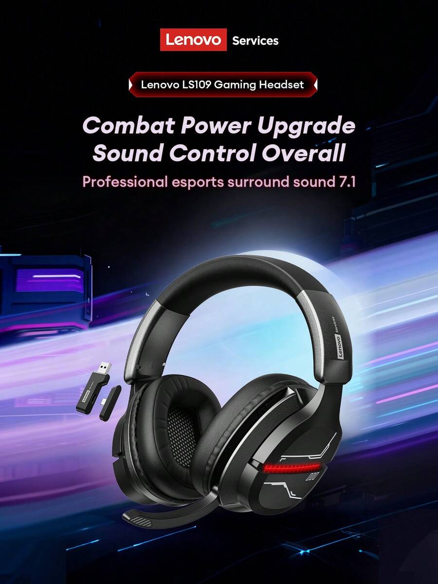 Lenovo 联想LS109无线蓝牙6.0游戏耳机，具备7.1环绕立体声、降噪功能、高清麦克风、超长续航、有线/2.4G无线耳机功能 - 黑色 - 查看 1