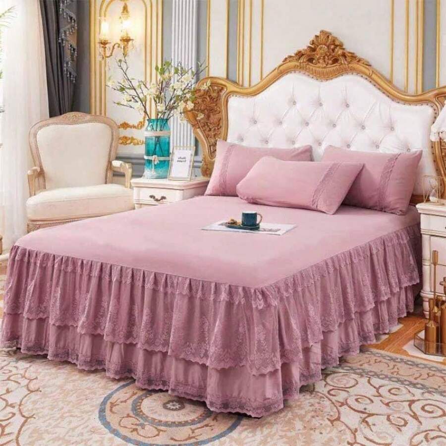 Double Lace Bed Skirt For FQueen Bed - 17in. Drop, Easy Fit Ruffle Bedskirt Wrap Around Bed Skirt, Anti Wrinkle & Fade Resistant,FQueen(60inchX80inch),Russet-Red - 赤褐色 - 查看 1