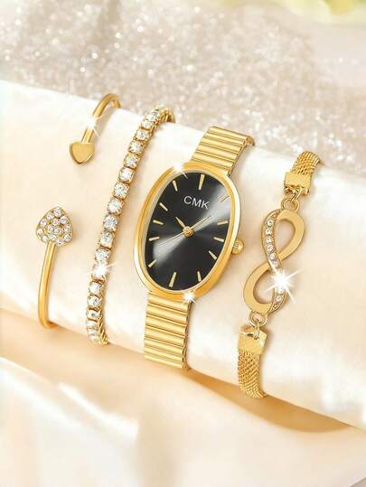 女士腕表套装，时尚经典手镯腕表，方形表盘，优雅方形表盘经典奢华石英表，复古石英表，包含项链、耳环和戒指，适合日常佩戴、生日、女士礼物、周年纪念日、感恩节、年末、网络星期一、万圣节和其他节日礼物，适合日常佩戴和送礼（不含表盒）