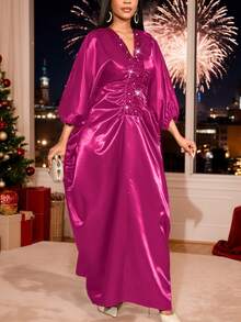 AOMEI 奢华女士玫红色缎面非洲布布连衣裙，亮片褶裥点缀，深V领闪亮长款晚礼服，适合晚宴、婚礼宾客等场合。 - 玫紅色 - 查看 2