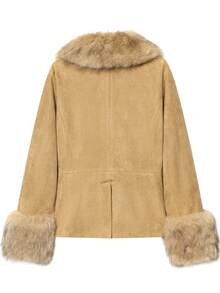 Damen Farbblock Langarm Jacke mit Kunstfell Kragen, vielseitig einsetzbar, Winter - Kamelfarben - Übersicht 7
