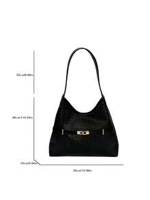 Women's Black Woven Texture Hobo Bag - Stylish Gold-Tone Buckle Detail, Single Shoulder Strap, Spacious Capacity, Elegant Minimalist Design For Daily & Office Use.