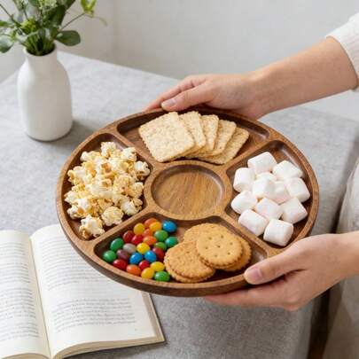 1PC Five-Compartment Wooden Snack Tray, Wooden Tray, Solid Wood Dessert Plate For Food, Nuts, Candies, Vegetables, Party Buffet, Suitable For Parties, Travel And Family Use