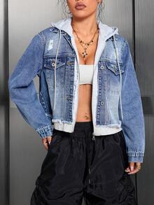 翻盖口袋抽绳连帽二合一牛仔外套休闲款 - 中等水洗藍 - 查看 3