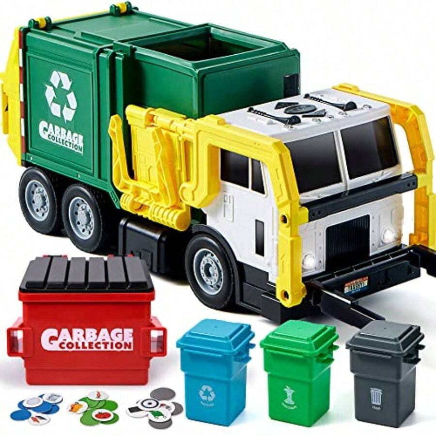 JOYIN Juego de Juguetes de Camiones de Basura con Motor de Fricción Incluye Basurero Incluye Basurero Cubos de Basura y Tarjetas de Aprendizaje para Niños - como en la foto - Ver 1