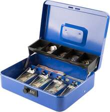 Caja de caudales con cerradura de combinación, caja de dinero con bandeja para efectivo, caja con llave, organizador de ahorro de dinero, 30 x 24 x 9 cm, azul extra grande - Cerradura de llave azul - Ver 1
