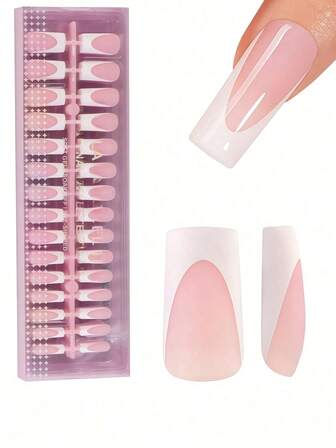 150pcs French Gel Nail - Pink French Pointed Pressing Nail, Rectangular Nail Tip, Soft Gel False Nail, Immersion Acrylic False Nail Extension