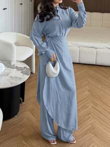 3er Set: Hellblaues Hemd mit Knöpfen vorne, Rock mit Schlitz an der Seite, und Lässig Hose für Damen, elegante Frühlings-Pendler-Garderobe - Babyblau - Übersicht 5