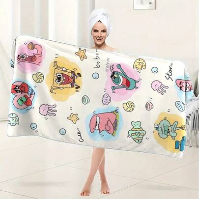 1 pieza Toalla de baño con estampado de Bob Esponja, diseño de dibujos animados clásico, toalla de baño linda, esencial para el baño, adecuada para natación, yoga y fitness, muy absorbente, regalo perfecto