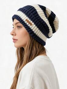 1顶男女通用条纹针织帽，保暖轻便，适合秋冬季休闲穿着