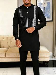 2pcs/Set Men's African Traditional Outfit, Includes Men's Pants And Striped Shirt, New Summer Men's Sweatsuit - Black - View 1