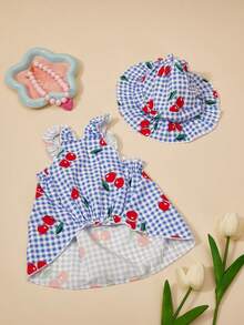 PETSIN Kitten & Puppy, Classic Blue Plaid With Cherry Print Hooded Dog Dress Set - Blue - View 4