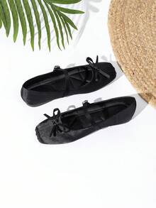 2025 New Autumn Satin Mary Jane Flat Shoes For Women With Bow Tie, Black - Black - View 2
